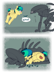 Size: 1699x2338 | Tagged: safe, artist:shinodage, oc, oc:apogee, pegasus, pony, xenomorph, adoracreepy, alien (franchise), bait and switch, comic, creepy, crossover, cuddling, cute, diageetes, drool, everything went better than expected, excited, eyes closed, eyes on the prize, female, filly, freckles, gasp, happy, heart, hissing, hnnng, jumping, not salmon, prone, sharp teeth, sleeping, smiling, sweet dreams fuel, teeth, this did not end in pain, wat, weapons-grade cute, zzz