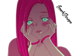 Size: 1500x1125 | Tagged: safe, artist:sowhdesign, pinkie pie, human, g4, blushing, bracelet, bust, female, humanized, jewelry, looking at you, mirai nikki, pinkamena diane pie, portrait, signature, simple background, solo, transparent background, wrong eye color, yandere, yandere pie