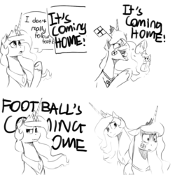 Size: 2400x2400 | Tagged: safe, artist:anticular, princess celestia, princess luna, alicorn, pony, g4, bust, comic, concerned, crying, dialogue, disappointment, duo, england, fan, female, football, football's coming home, high res, mare, royal sisters, song, sports, three lions, world cup