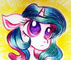 Size: 733x616 | Tagged: safe, artist:frootytoots, princess celestia, pony, g4, bust, colored pupils, cute, female, filly, traditional art