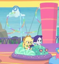 Size: 847x919 | Tagged: safe, screencap, applejack, rarity, equestria girls, equestria girls specials, g4, my little pony equestria girls: better together, my little pony equestria girls: rollercoaster of friendship, bumper cars, clothes, cropped, cute, dress, duo, hat, jackabetes, park, raribetes, skirt