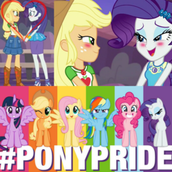 Size: 1080x1080 | Tagged: safe, edit, edited screencap, screencap, applejack, fluttershy, pinkie pie, rainbow dash, rarity, twilight sparkle, alicorn, earth pony, pegasus, pony, unicorn, equestria girls, equestria girls specials, g4, my little pony equestria girls: better together, my little pony equestria girls: rollercoaster of friendship, blushing, cowboy hat, double wings, female, gay pride, gay pride flag, hasbro, hashtag, hat, heart, instagram, lesbian, lgbt, lidded eyes, looking at you, mane six, mare, multiple wings, one eye closed, pride, pride flag, pride month, ship:rarijack, shipping, shipping fuel, twilight sparkle (alicorn), wink