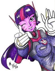 Size: 800x1021 | Tagged: safe, artist:mayorlight, twilight sparkle, equestria girls, g4, bodysuit, clothes, cosplay, costume, d.va, female, looking at you, one eye closed, overwatch, pointing at you, simple background, solo, traditional art, whisker markings, white background, wink, winking at you