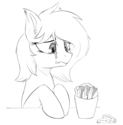 Size: 869x882 | Tagged: safe, artist:graboiidz, oc, oc only, oc:panne, bat pony, pony, bust, crying, eyes on the prize, female, food, french fries, ketchup, mare, monochrome, sad, sauce, sketch, solo