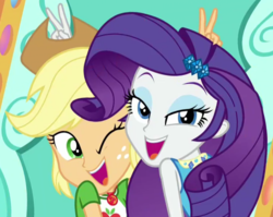 Size: 763x608 | Tagged: safe, edit, edited screencap, screencap, applejack, rarity, equestria girls, equestria girls specials, g4, my little pony equestria girls: better together, my little pony equestria girls: rollercoaster of friendship, bunny ears (gesture), cropped, cute, duo, eyeshadow, female, geode of super strength, jackabetes, lesbian, lidded eyes, looking at you, makeup, one eye closed, raribetes, shipping fuel