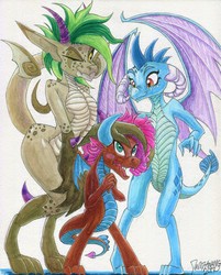 Size: 2865x3562 | Tagged: safe, artist:invalid-david, mina, princess ember, oc, dragon, g4, commission, dragoness, female, high res, painting, simple background, traditional art, trio, watercolor painting, white background