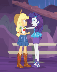 Size: 517x648 | Tagged: safe, screencap, applejack, rarity, equestria girls, equestria girls specials, g4, my little pony equestria girls: better together, my little pony equestria girls: rollercoaster of friendship, animated, boots, clothes, cropped, dress, duo, female, hat, loop, marshmelodrama, park, shoes, skirt
