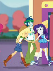 Size: 342x456 | Tagged: safe, screencap, applejack, captain planet, rarity, equestria girls, equestria girls specials, g4, my little pony equestria girls: better together, my little pony equestria girls: rollercoaster of friendship, background human, cropped, female, geode of shielding, geode of super strength, holding hands, male, rarity peplum dress, shipping fuel