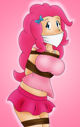 Size: 2000x3168 | Tagged: safe, artist:gagmanzx, pinkie pie, human, g4, arm behind back, belly button, bondage, bound and gagged, bow, bra strap, breast bondage, breasts, busty pinkie pie, cleavage, cloth gag, clothes, confused, crotch rope, female, gag, humanized, looking at you, midriff, rope, rope bondage, ropes, skirt, solo, tank top, tied up