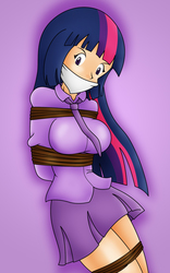 Size: 1250x2000 | Tagged: safe, artist:gagmanzx, twilight sparkle, human, g4, arm behind back, blouse, bondage, bound and gagged, breast bondage, breasts, busty twilight sparkle, cleavage, cloth gag, clothes, female, gag, humanized, miniskirt, necktie, pleated skirt, rope, rope bondage, ropes, skirt, solo, tied up