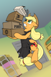 Size: 1057x1600 | Tagged: safe, artist:pencils, applejack, earth pony, pony, g4, applejack's hat, apron, bipedal, box, carrying, clothes, cowboy hat, farrier, female, floppy ears, freckles, gritted teeth, hat, horseshoes, looking up, mare, silly, silly pony, solo, stetson, tipping, who's a silly pony, worried