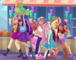 Size: 1280x1018 | Tagged: safe, artist:nichroniclesvsart, applejack, fluttershy, pinkie pie, rainbow dash, rarity, sci-twi, sunset shimmer, twilight sparkle, parakeet, equestria girls, equestria girls specials, g4, my little pony equestria girls: better together, my little pony equestria girls: rollercoaster of friendship, abs, alternate hairstyle, ball, belly button, boots, clothes, converse, cute, dark skin, diversity, dress, ear piercing, earring, eyes closed, eyeshadow, female, flannel, geode of empathy, geode of fauna, geode of shielding, geode of sugar bombs, geode of super speed, geode of super strength, geode of telekinesis, glasses, high heel boots, hug, humane five, humane seven, humane six, jacket, jewelry, leather jacket, leggings, lesbian, magical geodes, makeup, midriff, necklace, piercing, plushie, ponytail, scene interpretation, ship:flutterdash, ship:rarijack, ship:sci-twishimmer, ship:sunsetsparkle, shipping, shoes, shorts, skirt, socks, stockings, tank top, thigh highs, toy