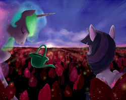 Size: 1182x934 | Tagged: safe, artist:caek, artist:colorlesscupcake, princess celestia, twilight sparkle, alicorn, pony, g4, duo, ethereal mane, eyes closed, female, field, flower, mare, smiling, starry mane, twilight sparkle (alicorn), watering can