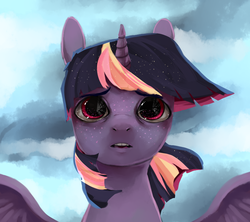 Size: 811x720 | Tagged: safe, artist:caek, artist:colorlesscupcake, twilight sparkle, alicorn, pony, g4, beautiful, ethereal mane, eye reflection, female, freckles, looking at you, mare, open mouth, reflection, solo, spread wings, starry mane, twilight sparkle (alicorn), wings