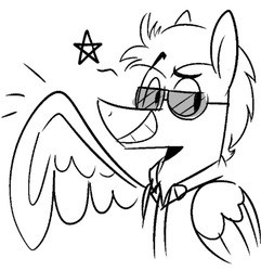 Size: 642x666 | Tagged: artist needed, safe, oc, oc only, oc:toffee scotch, pegasus, pony, black and white, clothes, glasses, grayscale, jacket, male, monochrome, solo, stallion, stars, sunglasses