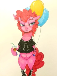 Size: 4032x3024 | Tagged: safe, artist:caek, artist:colorlesscupcake, pinkie pie, earth pony, pony, g4, balloon, bipedal, boots, clothes, cutie mark, drinking straw, ear piercing, earring, female, glass, jewelry, lidded eyes, mare, marker drawing, piercing, shirt, shoes, simple background, solo, t-shirt, traditional art, white background