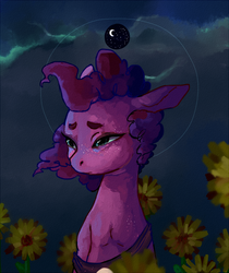 Size: 750x891 | Tagged: safe, artist:caek, artist:colorlesscupcake, pinkie pie, earth pony, pony, g4, clothes, female, floppy ears, flower, halo, mare, sad, solo, sunflower