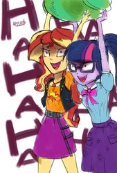 Size: 1377x2039 | Tagged: safe, artist:oberon826, sci-twi, sunset shimmer, twilight sparkle, parakeet, equestria girls, equestria girls specials, g4, my little pony equestria girls: better together, my little pony equestria girls: rollercoaster of friendship, clothes, duo, female, geode of empathy, geode of telekinesis, glasses, laughing, leather vest, scene interpretation, simple background