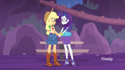 Size: 1280x720 | Tagged: safe, edit, edited screencap, screencap, applejack, rarity, equestria girls, equestria girls specials, g4, my little pony equestria girls: better together, my little pony equestria girls: rollercoaster of friendship, blushing, cute, female, holding hands, jackabetes, raribetes, rarity peplum dress, shipping fuel, smiling, waterfall