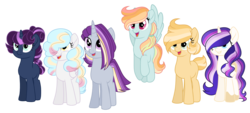 Size: 4847x2183 | Tagged: safe, artist:galarose12, artist:winniepie, oc, oc only, oc:dizzy whistle, oc:electric fire, oc:honey cake, oc:lyric star, oc:night light aurora, oc:river breeze, earth pony, pegasus, pony, unicorn, base used, female, magical lesbian spawn, mare, movie accurate, offspring, parent:applejack, parent:bulk biceps, parent:derpy hooves, parent:lightning dust, parent:night glider, parent:pinkie pie, parent:rainbow dash, parent:rarity, parent:spitfire, parent:twilight sparkle, parents:applebulk, parents:derpypie, parents:lunashy, parents:rariglider, parents:spitdash, parents:twidust, simple background, transparent background