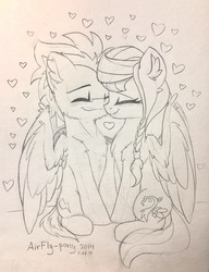 Size: 2327x3027 | Tagged: safe, artist:airfly-pony, oc, oc only, oc:scarlett drop, oc:wing hurricane, pegasus, pony, rcf community, cute, eyes closed, female, heart, high res, hug, large wings, lineart, love, male, mare, oc x oc, scarricane, shipping, smiling, stallion, straight, traditional art, wings