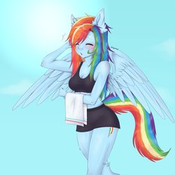 Size: 4000x4000 | Tagged: safe, artist:suqarskvll, rainbow dash, pegasus, anthro, g4, blushing, clothes, eyes closed, female, shorts, simple background, thighs, towel