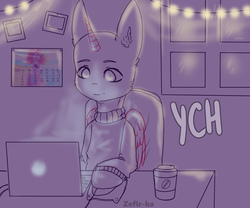 Size: 2400x2000 | Tagged: safe, artist:zefirka, pony, advertisement, chair, clothes, commission, computer, garland, high res, laptop computer, night, solo, sweater, window, your character here