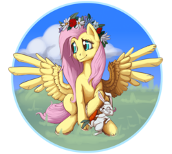 Size: 1000x894 | Tagged: safe, artist:bel-assa, angel bunny, fluttershy, pegasus, pony, rabbit, g4, carrot, circle, cloud, duo, eyes closed, female, floral head wreath, flower, food, looking away, mare, outdoors, raised hoof, simple background, sitting, smiling, spread wings, stray strand, transparent background, wings