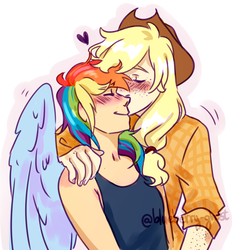 Size: 1444x1558 | Tagged: safe, artist:blueberry-ghost, applejack, rainbow dash, human, g4, applejack's hat, cheek kiss, clothes, cowboy hat, female, freckles, hat, heart, humanized, kissing, lesbian, ship:appledash, shipping, winged humanization, wings