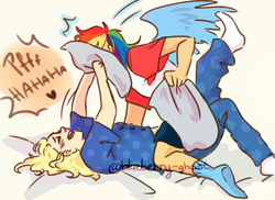 Size: 785x570 | Tagged: safe, artist:blueberry-ghost, applejack, rainbow dash, human, g4, bed, female, humanized, lesbian, pillow, pillow fight, ship:appledash, shipping, winged humanization, wings