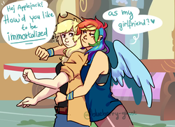 Size: 1280x927 | Tagged: safe, artist:blueberry-ghost, applejack, rainbow dash, human, g4, applejack's hat, clothes, cowboy hat, female, hat, humanized, lesbian, ship:appledash, shipping, speech bubble, table, winged humanization, wings