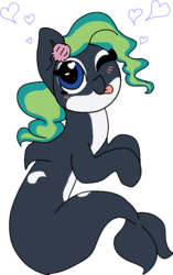 Size: 571x911 | Tagged: safe, artist:nootaz, oc, oc only, oc:marina (efnw), orca pony, original species, :p, blushing, everfree northwest, female, heart, heart eyes, mlem, one eye closed, silly, simple background, solo, tongue out, transparent background, wingding eyes, wink