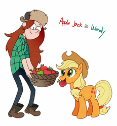 Size: 437x473 | Tagged: safe, artist:thorax9241, applejack, earth pony, pony, g4, apple, apple basket, boots, cowboy hat, crossover, duo, female, food, gravity falls, hat, male, mare, mouth hold, shoes, simple background, wendy corduroy, white background