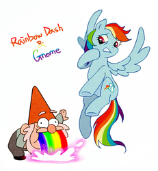 Size: 437x473 | Tagged: safe, artist:thorax9241, rainbow dash, gnome, g4, crossover, disgusted, female, gravity falls, male, mare, puking rainbows, simple background, spread wings, white background, wings