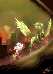 Size: 1000x1395 | Tagged: safe, artist:atomic8497, oc, oc only, oc:glimmerlight, oc:murky, pegasus, pony, unicorn, fallout equestria, fallout equestria: murky number seven, animated, cinemagraph, fanfic art, female, fillydelphia, gif, male, mare, saddle bag, spread wings, stallion, wings