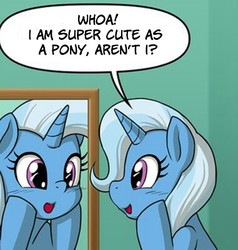 Size: 381x401 | Tagged: safe, artist:uotapo, edit, trixie, pony, unicorn, g4, captain obvious, cropped, cute, diatrixes, female, mare, mirror, missing accessory, narcissism, open mouth, speech bubble, trixie is cute, truth