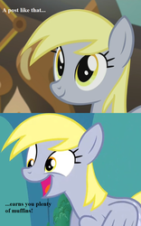 Size: 650x1040 | Tagged: safe, edit, edited screencap, editor:korora, screencap, derpy hooves, g4, slice of life (episode), cropped, cute, derpabetes, female, happy, mare, open mouth, reaction image, text, underp
