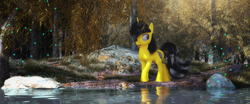 Size: 1920x800 | Tagged: safe, artist:thelunagames, oc, oc only, pony, unicorn, 3d, cinema4d, forest, solo