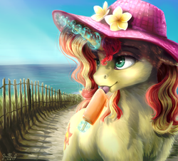 Size: 4550x4113 | Tagged: safe, artist:gaelledragons, sunset shimmer, pony, unicorn, g4, absurd resolution, beach, chest fluff, cottagecore, eating, female, food, hat, licking, magic, mare, popsicle, solo, sun hat, telekinesis, tongue out, water