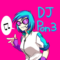 Size: 1000x1000 | Tagged: safe, alternate version, artist:raika0306, dj pon-3, vinyl scratch, equestria girls, g4, female, music notes, pictogram, pink background, simple background, solo, sunglasses