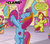 Size: 540x480 | Tagged: safe, edit, edited screencap, editor:korora, screencap, fiesta flair, mish mash mee, sparkleworks, sunny daze (g3), earth pony, pony, g3, pinkie pie and the ladybug jamboree, bongos, cropped, curtains, cymbals, dancing, excited, eyes closed, female, fiestabetes, happy, maracas, mare, mirror, mishmashdorable, musical instrument, offscreen character, open mouth, open smile, smiling, sound effects, sparklebetes, speech bubble, text, ukulele