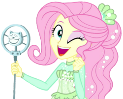 Size: 512x412 | Tagged: safe, edit, edited screencap, editor:ponyfan228, screencap, fluttershy, equestria girls, equestria girls series, so much more to me, background removed, clothes, cute, female, happy, microphone, one eye closed, shyabetes, simple background, smiling, solo, transparent background, wink
