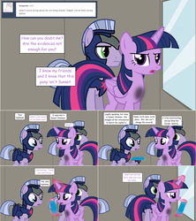 Size: 1284x1444 | Tagged: safe, artist:hakunohamikage, twilight sparkle, alicorn, earth pony, pony, unicorn, ask-princesssparkle, g4, armor, ask, dusk guard, magic, records, tumblr, twilight sparkle (alicorn), twilight's royal guard