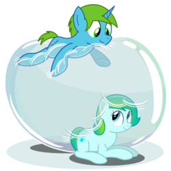 Size: 2450x2450 | Tagged: safe, artist:bladedragoon7575, oc, oc only, oc:balance blade, oc:delphina depths, pony, bubble, high res, simple background, squishy, transparent background