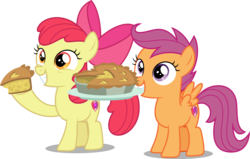 Size: 5000x3172 | Tagged: safe, artist:dashiesparkle, apple bloom, scootaloo, earth pony, pegasus, pony, g4, the break up breakdown, .svg available, adorabloom, cute, cutealoo, duo, filly, foal, food, hoof hold, mouth hold, pie, plate, simple background, transparent background, vector