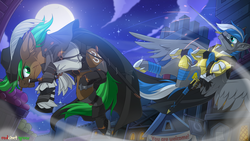 Size: 2500x1406 | Tagged: safe, artist:redchetgreen, oc, oc only, oc:cloud zapper, oc:jaeger sylva, earth pony, pegasus, pony, armor, duo, fight, full moon, hat, moon, mouth hold, night, stars, sword, weapon