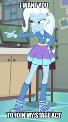 Size: 492x884 | Tagged: safe, edit, edited screencap, screencap, trixie, equestria girls, equestria girls specials, g4, my little pony equestria girls: better together, my little pony equestria girls: forgotten friendship, boots, clothes, cropped, female, image macro, meme, pointing, shoes, skirt, solo