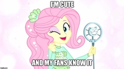 Size: 888x499 | Tagged: safe, edit, edited screencap, screencap, fluttershy, equestria girls, g4, my little pony equestria girls: better together, so much more to me, beautiful, cute, female, image macro, meme, microphone, shyabetes, solo
