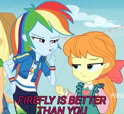 Size: 781x720 | Tagged: safe, edit, edited screencap, screencap, applejack, megan williams, megan williams (g4), rainbow dash, equestria girls, equestria girls specials, g4, my little pony equestria girls: better together, my little pony equestria girls: rollercoaster of friendship, cropped, geode of super speed, image macro, implied firefly, magical geodes, megan williams is not amused, unamused