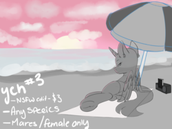 Size: 1400x1050 | Tagged: safe, artist:aurorafang, pony, advertisement, any species, beach, commission, female, mare, summer, sunset, water, your character here